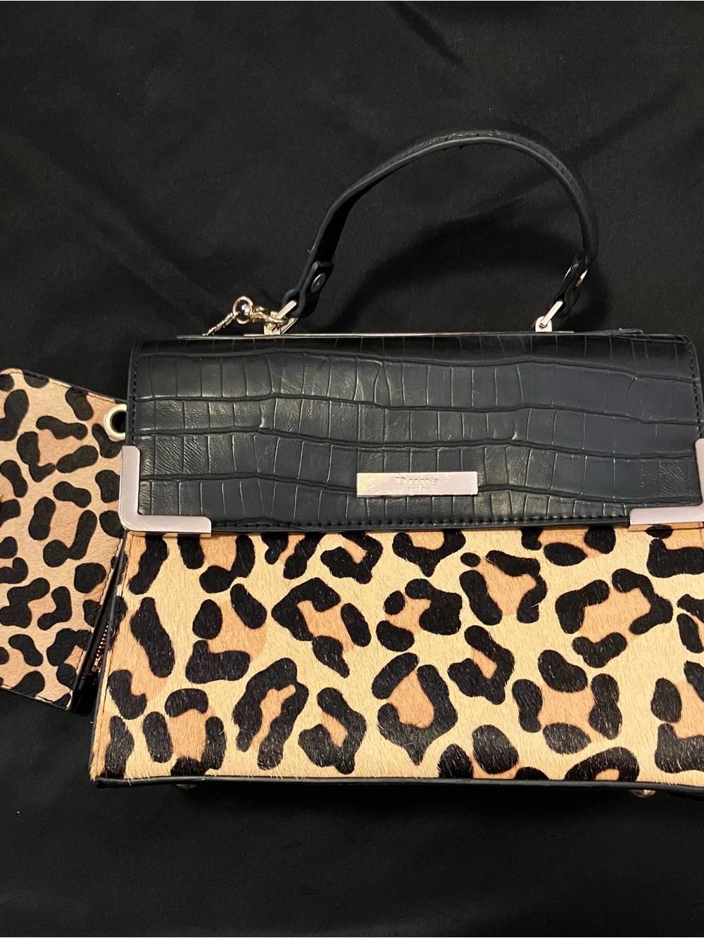 Dune London Black Croc-Effect & Leopard Print Satchel